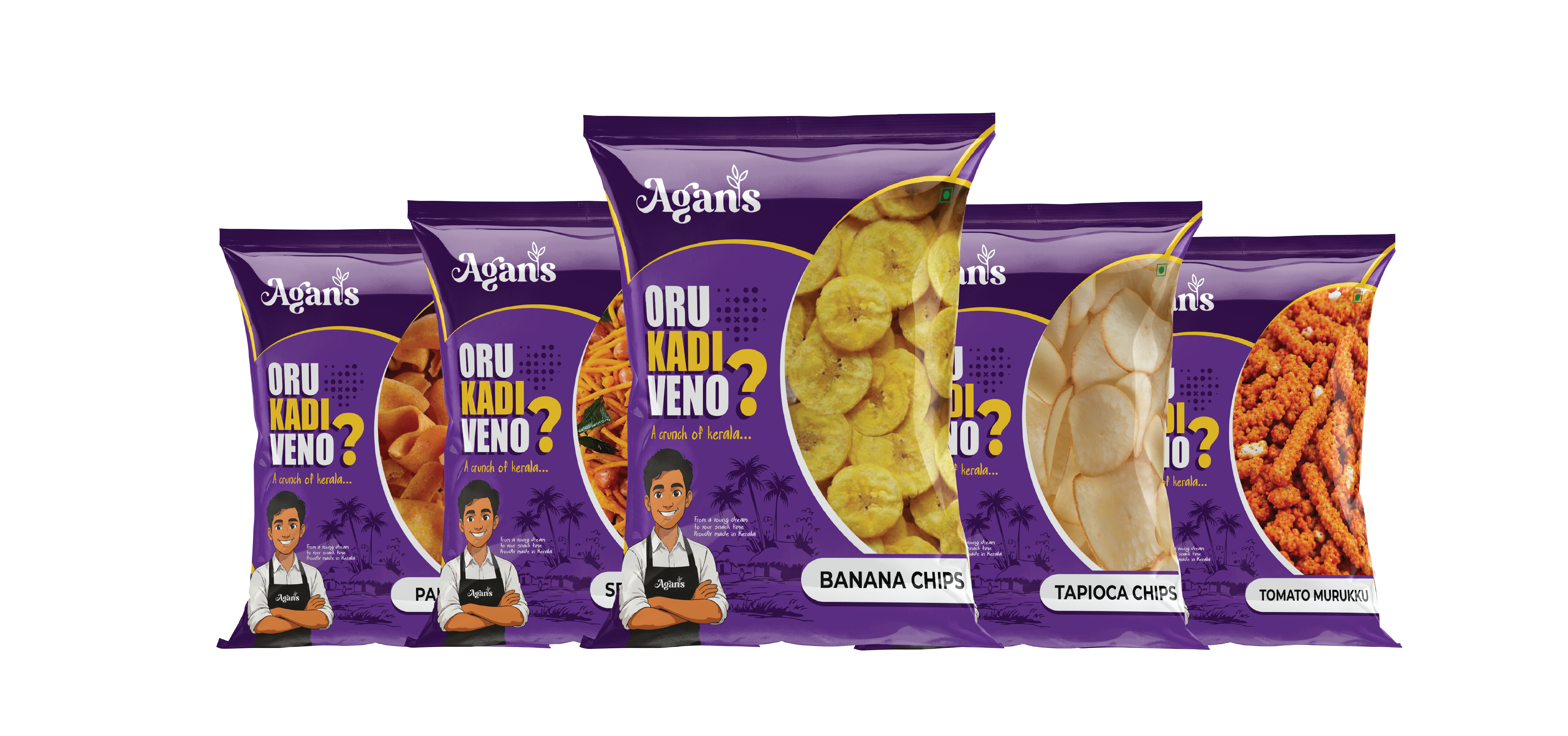 Agans purple snack packs with banana chips, tapioca chips, tomato murukku and more